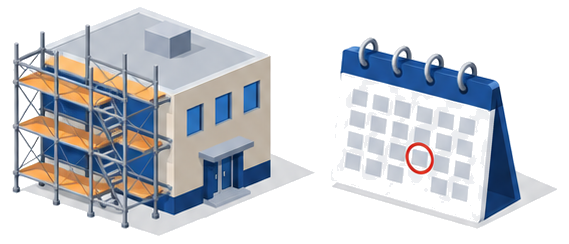 足場が組まれ工事が始まった建物のイラスト