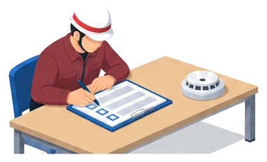 点検票に記録する様子と使われなかった代替の感知器を示すイラスト