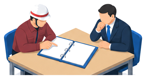 点検業者と防火管理者が点検要領の書類を確認している様子のイラスト