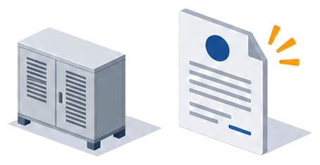 屋外の蓄電池キャビネットと新しい通知文書を並べたイラスト