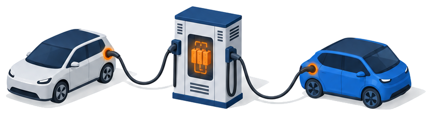 複数のケーブルから同時に二台の電気自動車が充電されている急速充電器を描いた図