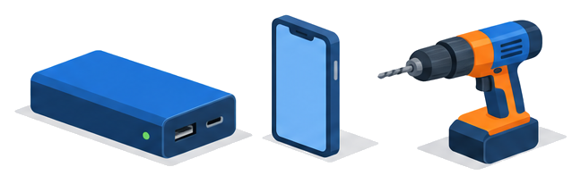 モバイルバッテリーとスマートフォンと電動工具を並べたイメージ