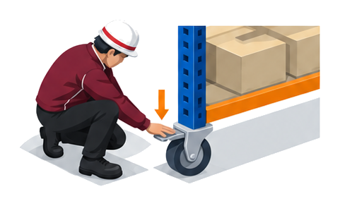 車輪の固定を確認する作業員