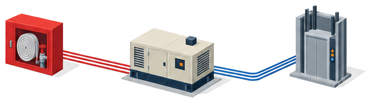 １台の発電機から避難設備と消防用設備の両方へ配線が延びる様子