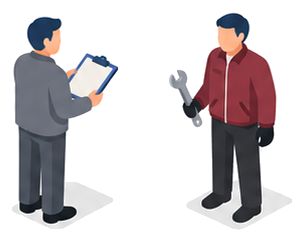 書類を確認する人物と工具を持って待機する作業着姿の人物のイメージ