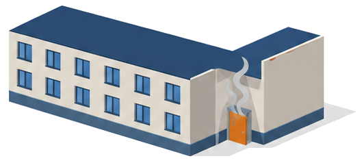 老人ホームの建物と扉の隙間から漂う煙を示すイラスト