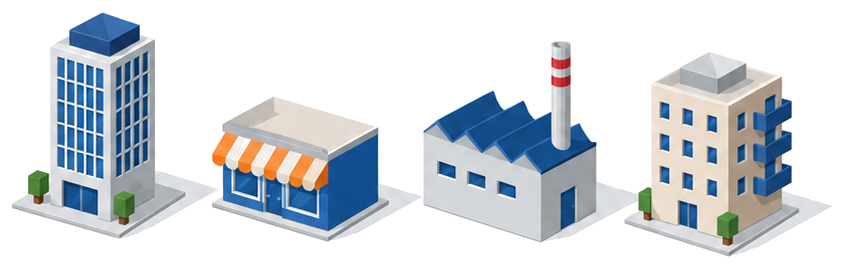 オフィスビルや店舗や工場など複数の用途の建物が並ぶイラスト