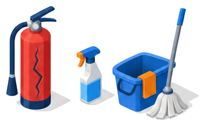 樹脂製消火器の破裂と洗剤のイラスト
