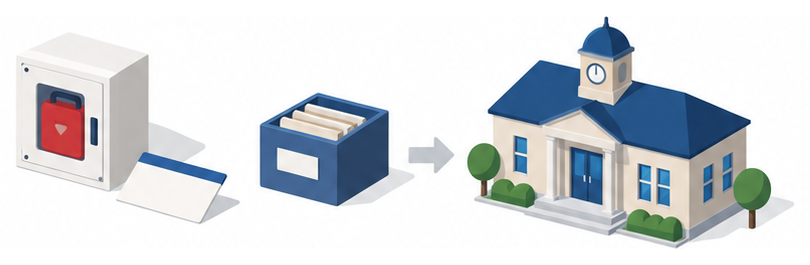 壁掛けの白い箱と白紙の登録カード、書類箱、小さな役所の建物のイラスト