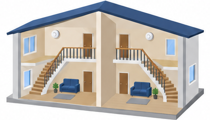 二階建ての住宅が壁で完全に二つに分かれ、それぞれの側に専用の住宅用防災警報器が付いている様子を示したイメージ