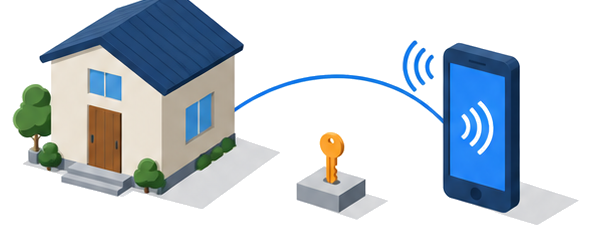 家を離れる住宅宿泊事業者と留守中の宿泊室との間がスマートフォンの常時連絡を示す線でつながれている様子を示したイメージ