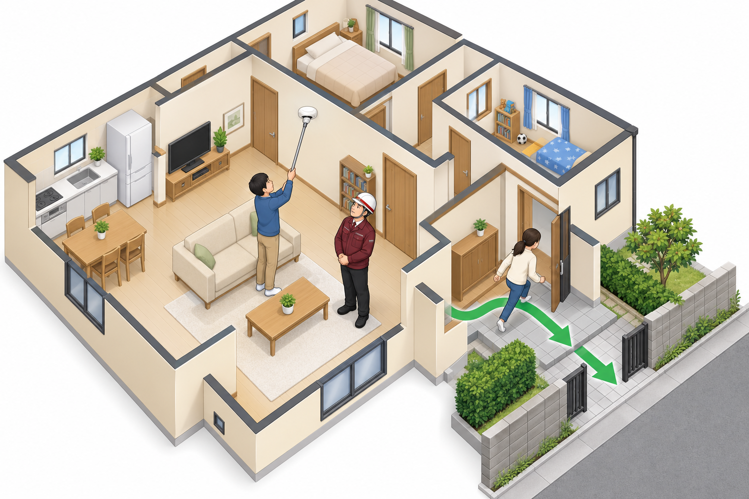 住宅用火災警報器を作動点検し屋外へ避難する一般的なアイソメ図解