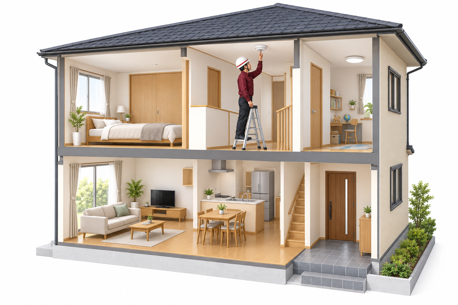 寝室付近の住宅用火災警報器を作動点検する一般的なアイソメ図解