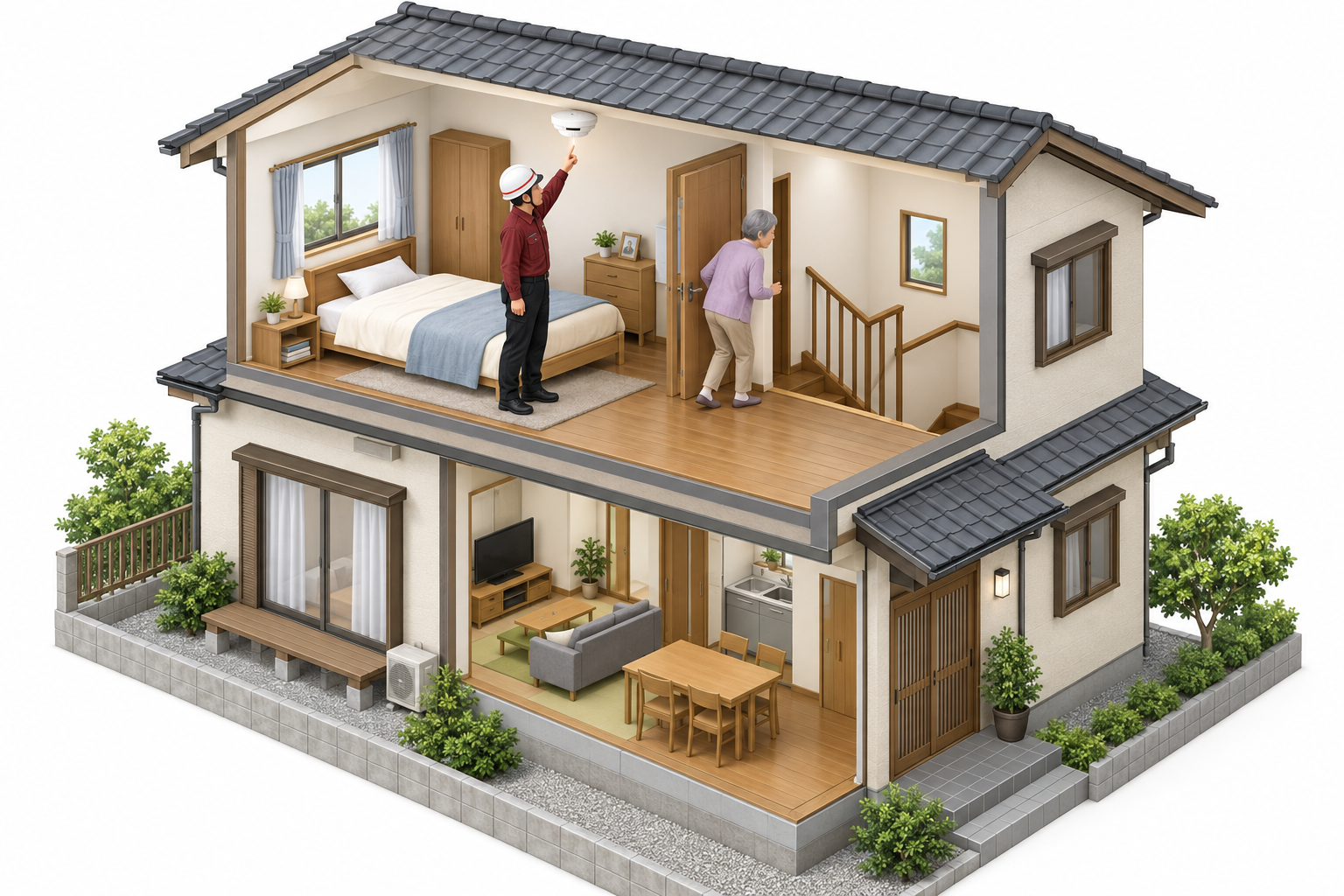 2階寝室の住宅用火災警報器を確認する一般的な図解