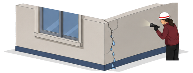 外壁のひび割れから雨水が浸入する経路を点検する作業員のイラスト