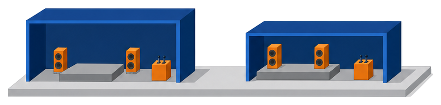一日だけ会場にした体育館と常設の店に同じ照明卓を置いたイラスト