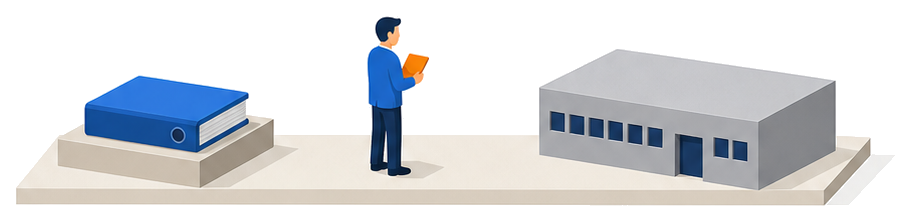 開いたバインダーと建物を見比べる人で消防計画と実際の業務を突き合わせる場面を表したイラスト