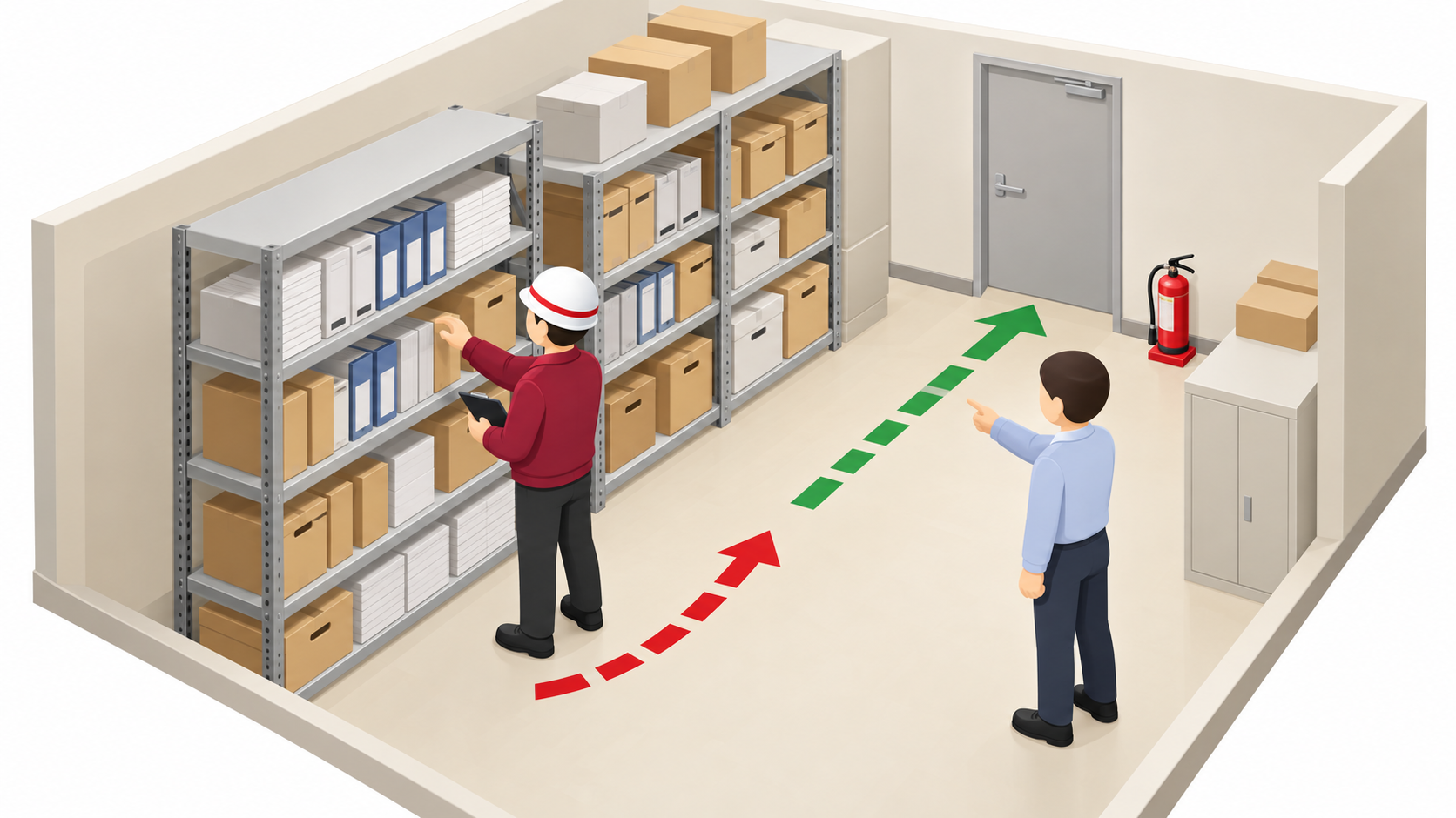 平時に書庫の通路と保管棚を確認する一般的なアイソメ図解