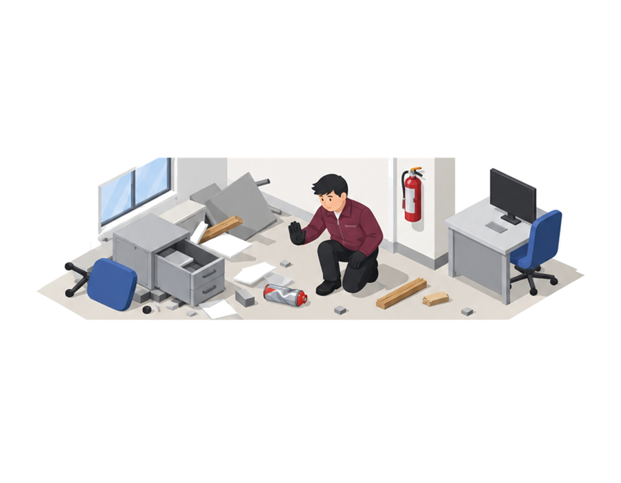 地震後の事務室でへこんだスプレー缶を見つけて触らず確認する施設担当者のアイソメ図