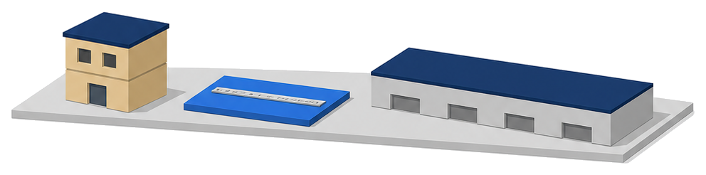 小さな建物と長い倉庫を巻尺で比べるイラスト