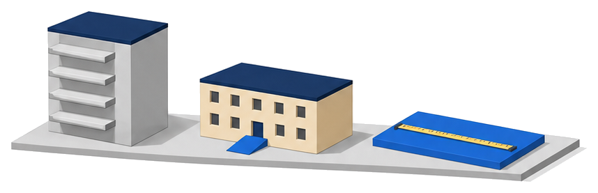 共同住宅の棟と低層の福祉施設の棟と延べ面積を測る巻尺のイラスト