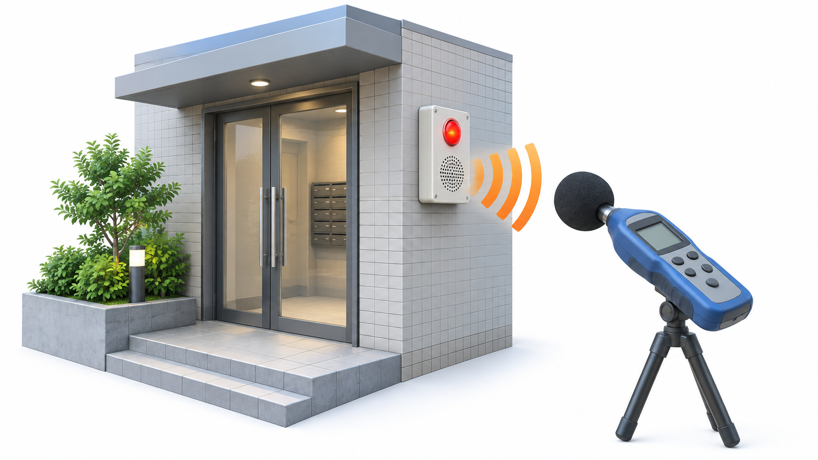 戸外表示器の音声警報装置を騒音計で測定するイメージ