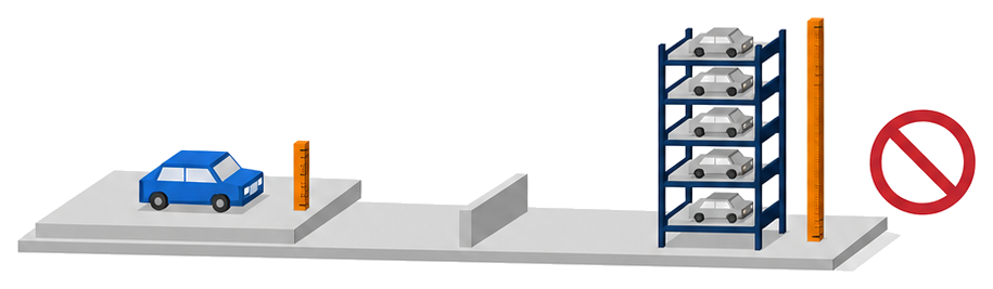低い駐車デッキと高さを測る定規の横に立つ背の高いタワー式の駐車ラックと禁止マークのイラスト