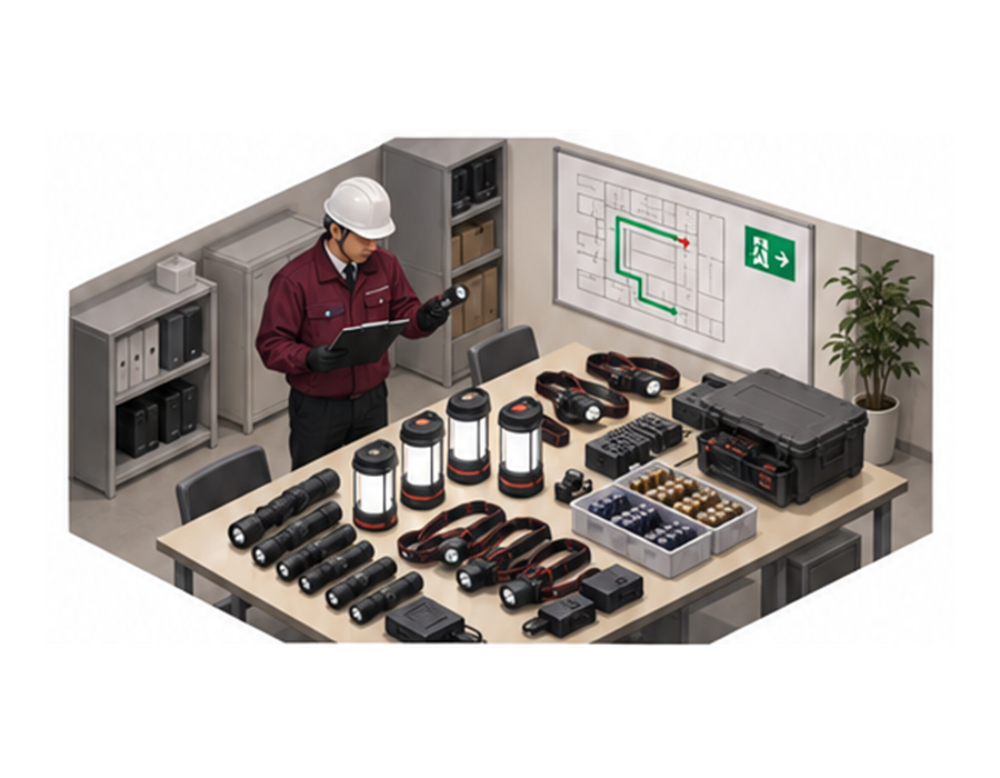 停電用の懐中電灯とランタンおよび予備電池を一覧確認する施設管理者のアイソメ図