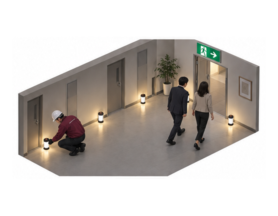 停電した避難経路へ電池式ランタンを分散配置する施設管理者のアイソメ図