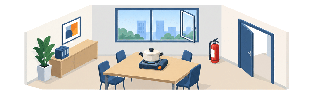 窓と消火器と避難口を確保した会議室でカセットこんろを使うアイソメ図