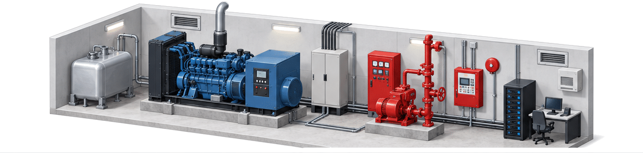 自家発電設備から消防ポンプと火災報知設備と業務用サーバーへ電力を分ける発電機室のアイソメ図