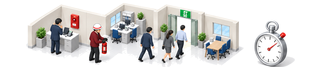 消防訓練で通報と消火器操作と避難を行い時間を測るアイソメ図
