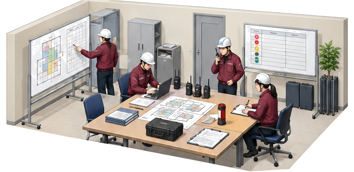 会議室の代替指揮所へ無線と図面と名簿と予備電源を集めるアイソメ図