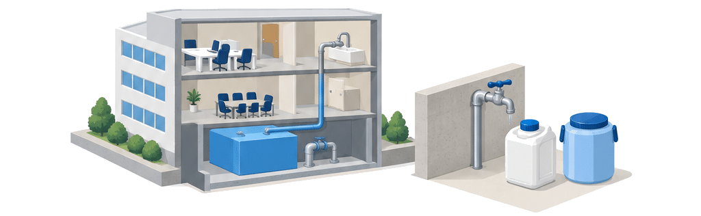 断水した建物で受水槽と蛇口と給水容器を確認するアイソメ図
