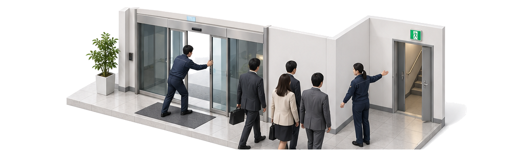 担当者が自動ドアを手動開放し別の係が来館者を非常口へ誘導するアイソメ図