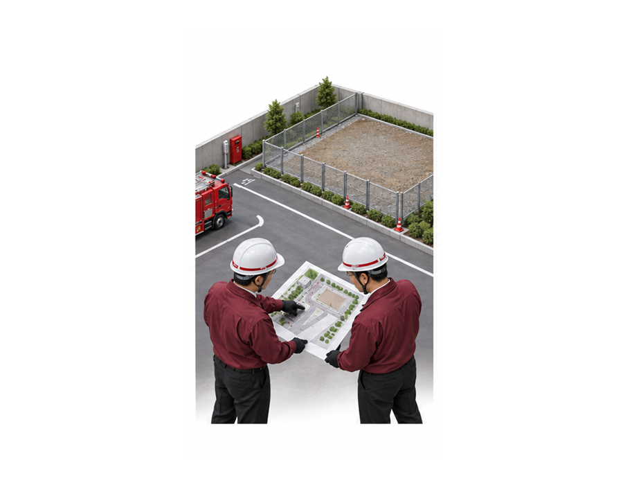 消防車の進入路を避けた仮置場を敷地図で確認する施設管理者のアイソメ図