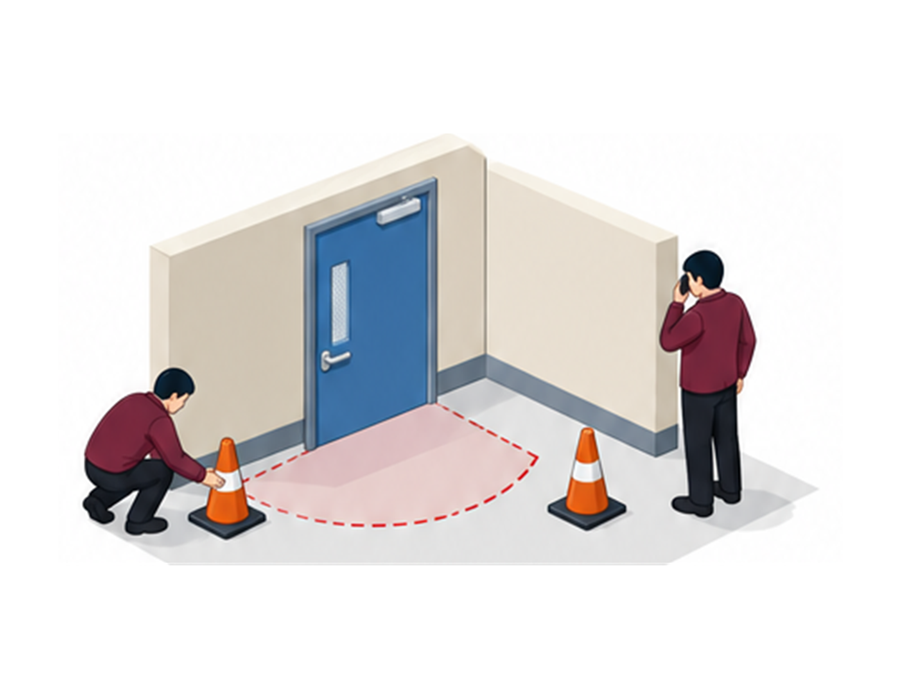 防火戸の周囲を立入制限して担当者へ連絡する復旧手順のアイソメ図