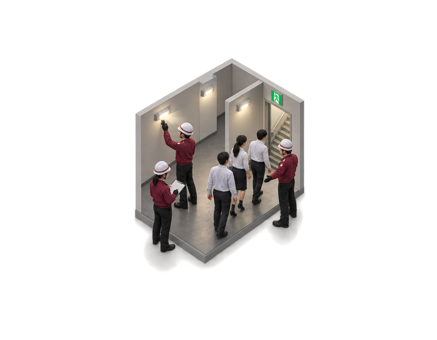 非常用照明の点灯開始を記録し在館者を階段へ誘導する停電訓練のアイソメ図