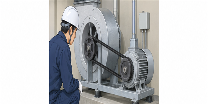 排煙機と電動機をVベルトでつないだ動力伝達装置を点検するイメージ
