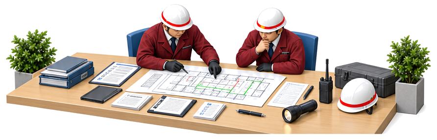 施設管理者が回路一覧と復電チェックリストと連絡網を確認するアイソメ図