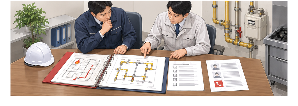 消防計画とBCPとガス設備図を並べて再開訓練を行う施設管理者のアイソメ図
