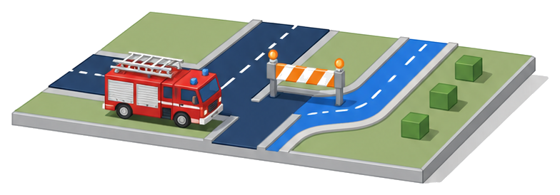 一方が通行止めになった道路の分岐点に消防車が近づいている様子を示したイメージ
