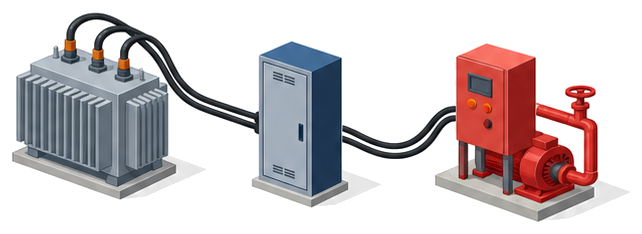 受電設備から配電盤を経て消防用設備につながる非常電源のイラスト