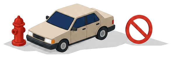 消火栓の前に停められた車と赤い禁止マークのイラスト
