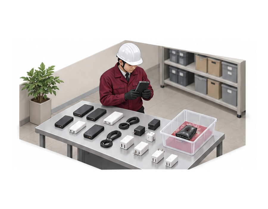 モバイルバッテリーと指定充電器を点検し異常品を分ける施設管理者のアイソメ図