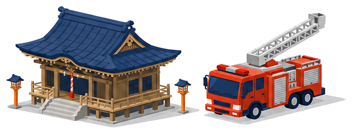 伝統的な木造の社殿建築と駆けつける消防車