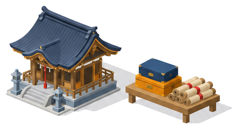 伝統的な木造社殿と宝物を収めた箱のイラスト