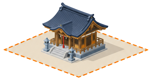 社殿と周囲の敷地を破線で囲んだイラスト