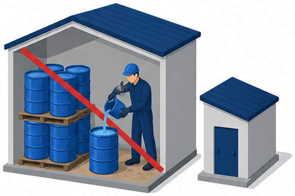 倉庫内の作業に赤い斜線が引かれ外に別の建物があるイラスト