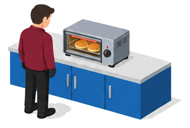担当者がオーブントースターの時間を設定して加熱中の食品を見守るアイソメ図
